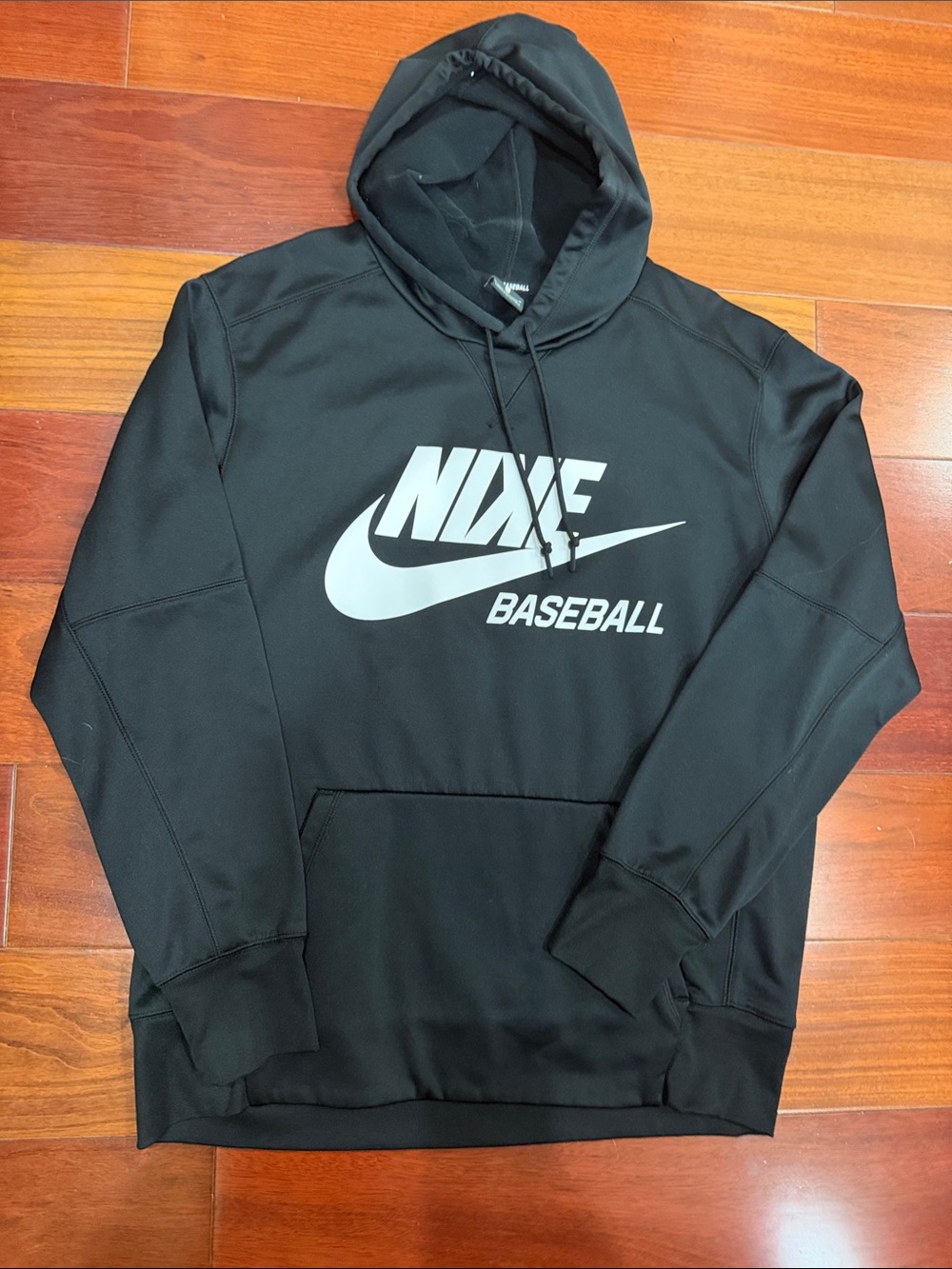 Nike Black Hoodie with White Swoosh and Baseball Print